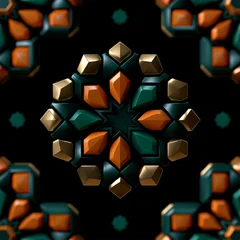 Nahtloses geometrisches Muster mit goldenen und orangefarbenen Ornamenten auf dunkelgrünem Hintergrund. © www.freund-foto.de