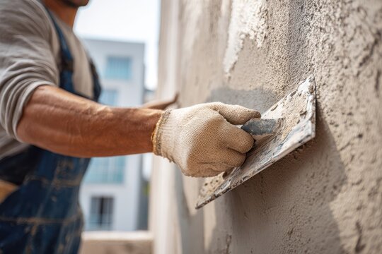A person wearing a glove applies plaster to a wall using a trowel.