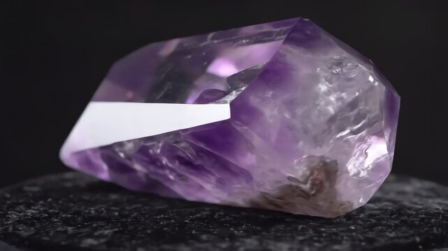 Close-up of a beautiful purple amethyst crystal with distinct facets resting on a dark surface.