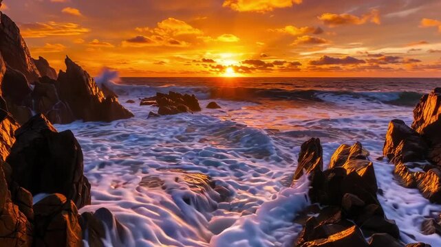 Slow motion tracking shot of ocean waves crashing against rocky coastline and splashing over headland at sunset seaside horizon