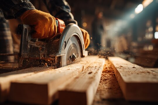 Close-up of a persons hands wearing orange work gloves operating a circular saw to cut wooden planks. Sawdust flies as the tool cuts through the material.