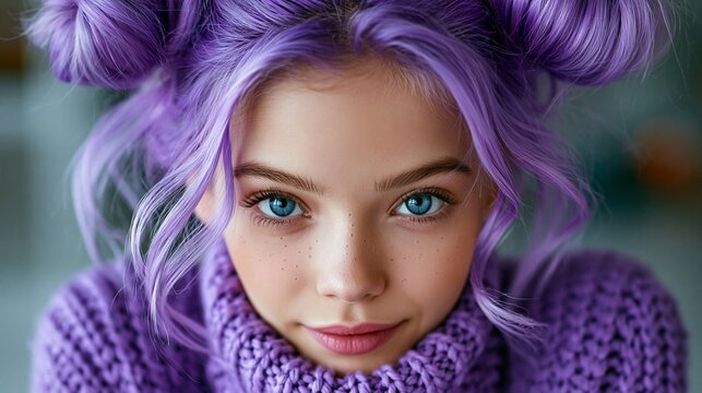 Portr&auml;t eines jungen M&auml;dchens mit lila Haaren und hellblauen Augen in einem lilafarbenen Strickpullover.