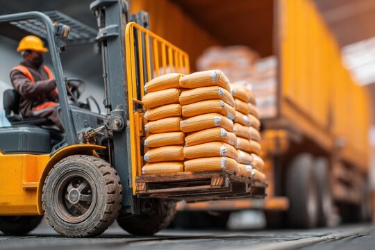 Worker in safety gear operates a forklift to move large stacks of cement bags inside an industrial warehouse setting.