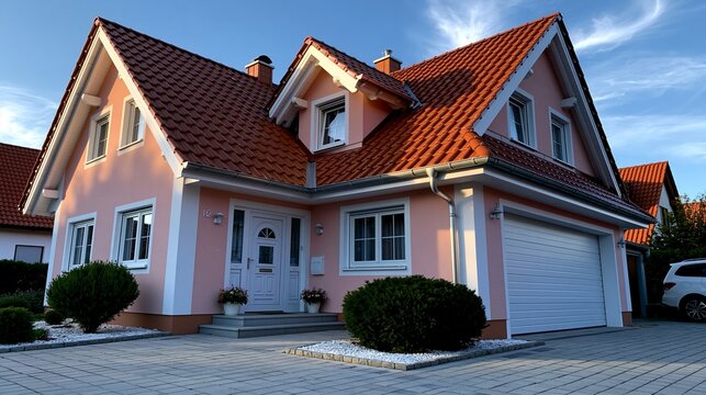 Ein freistehendes Einfamilienhaus mit orangerotem Ziegeldach, wei&szlig;er Garage und gepflegtem Vorgarten.