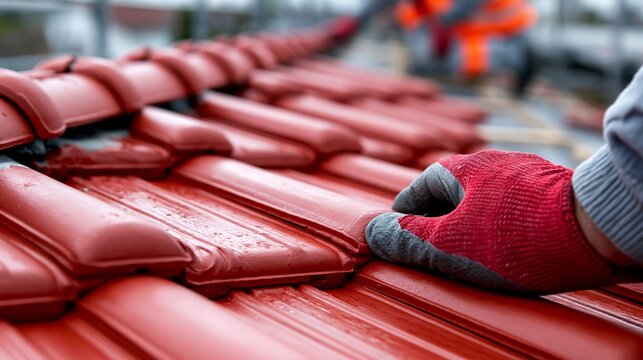 Nahaufnahme von H&auml;nden mit roten Arbeitshandschuhen beim Verlegen roter Dachziegel auf einem Dach.