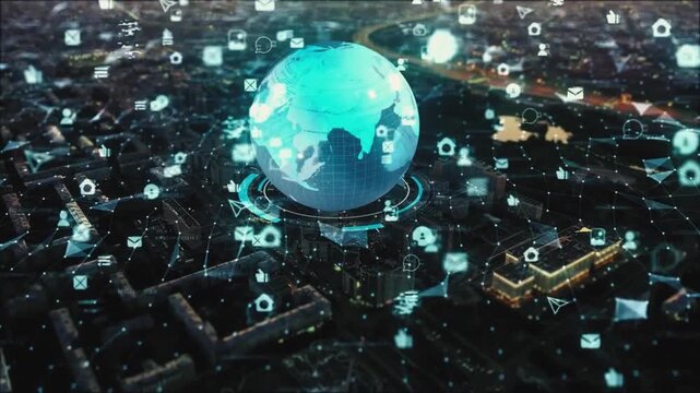 Global network cityscape fiber optics background with lots of light spots