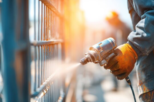 A construction worker wearing orange gloves spray paints a metal gate.