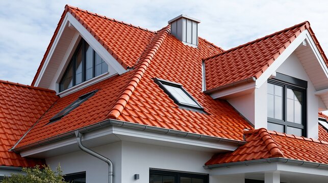 Ein wei&szlig;es Einfamilienhaus mit rotem Ziegeldach, Dachgauben und Dachfenstern unter blauem Himmel.