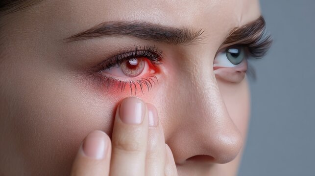 Red-Eyed Distress: Close-Up of Irritated Eye with Swelling &mdash; Woman Touching Sore Area, Conveying Discomfort and Eye Strain