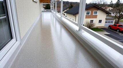Naklejka premium Ein breiter, weißer Balkon mit glänzendem Epoxidharzboden und Geländer an einem Wohngebäude.