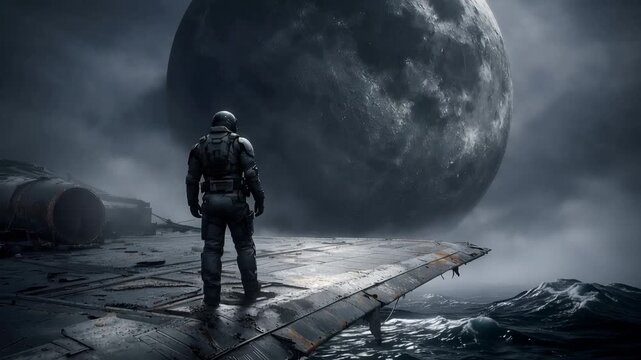 Dramatic science fiction scene with a futuristic soldier standing on the wing of a wrecked starship, observing a massive planet or moon rising over a dark, turbulent ocean
