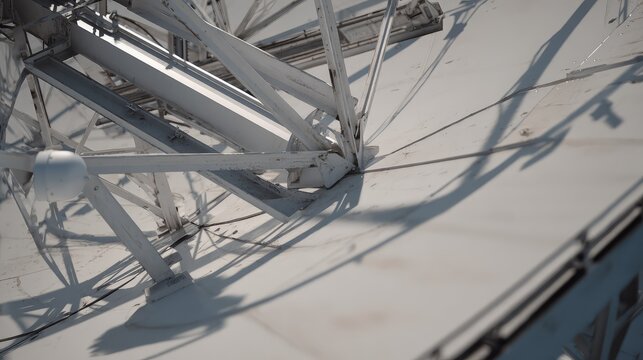 Satellite dish structure with parabolic reflector and central feed horn receiving and transmitting radio waves, symbolizing global communication and advanced technology