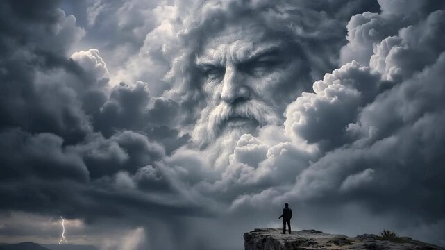 Epic scene showing a solitary man standing on a cliff's edge, gazing at a stormy sky with lightning, where the face of Zeus, the ancient Greek god, majestically forms among the clouds