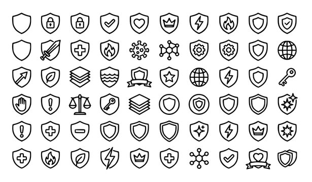 Professional shield and protection vector icon set &ndash; 42 thin line editable outline icons for security and safety