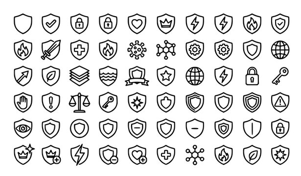 Modern shield and protection thin line icon set &ndash; 42 editable vector outline icons for UI and security