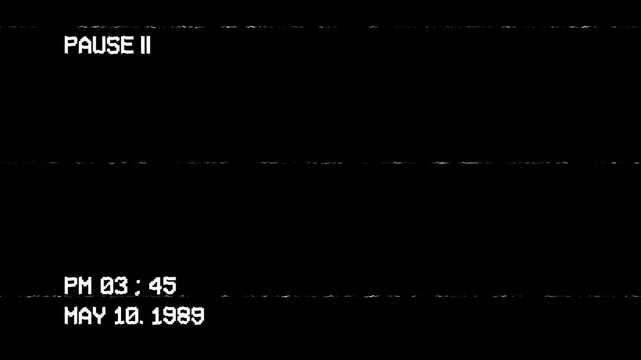 Retro vhs playing with pause, timecode, and static lines effect. Vhs interface on black background. 