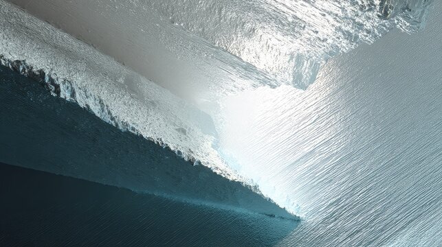 Massive glacier surface meeting deep, dark water, highlighting rough ice textures and smooth water patterns under bright, natural light in a cold, stark environment