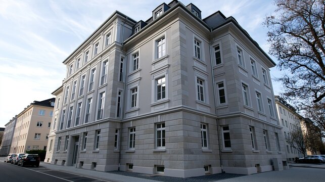 Ein historisches mehrst&ouml;ckiges Stadtgeb&auml;ude mit grauer Putzfassade und klassischer Architektur.