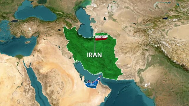 Map of Iran and the United Arab Emirates with national flags displayed