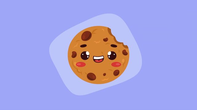 Kawaii chocolate chip cookie animation featuring adorable smiling face on light blue background with motion graphics.