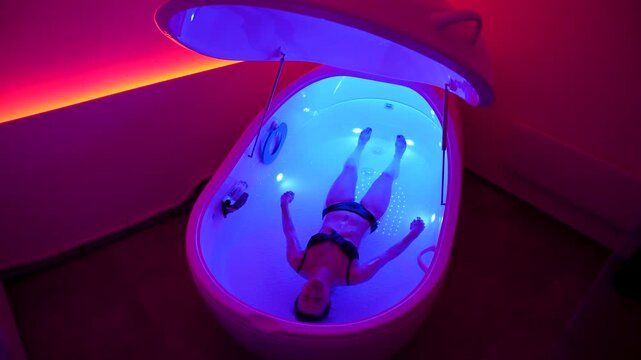 Woman floats inside a glowing hyper saline therapy pod, neon spa atmosphere, high angle static shot.