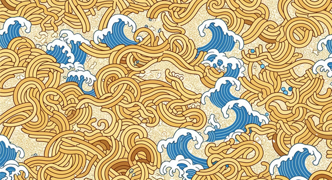 Whimsical Ramen Noodles and Ocean Waves Pattern