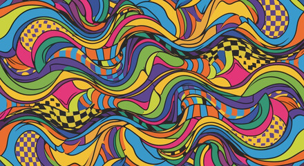 Fototapeta premium Vibrant Psychedelic Wave Pattern - Abstract Swirls and Checks