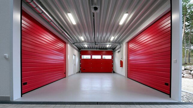 Das Innere einer modernen Garage mit zwei ge&ouml;ffneten roten Rolltoren und wei&szlig;em Betonboden.