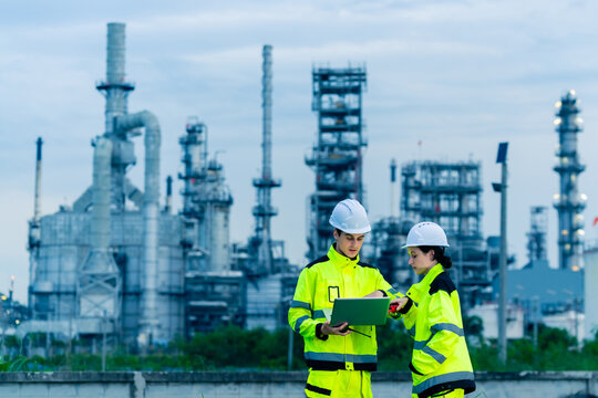 Petroleum refinery engineers and industrial workers working on laptop computer, inspection oil refinery plant at construction site at night, technician teamwork maintaining energy power system