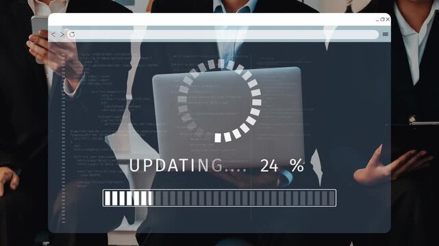 Business professionals in suits collaborate in a modern office with a laptop displaying an update progress indicator and a focus on teamwork and technology. Raster
