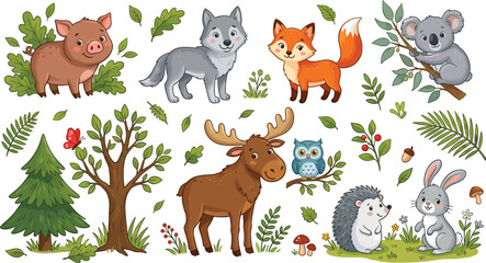 Obraz premium Cute Woodland Forest Animal Collection with Moose, Wolf, Fox, and Koala for Children’s Educational Books, Nursery Wall Art, Nature Themed Stationery, and Kids Sticker Design Projects.