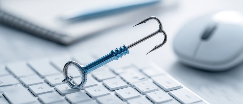 A fishing hook with a key ring sits on a keyboard next to a mouse