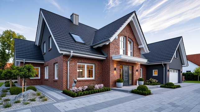 Klassisches Einfamilienhaus mit rotem Klinker, Gauben und gepflegtem Vorgarten in norddeutschem Baustil.