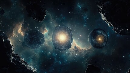 Fototapeta premium Three mysterious glowing cosmic spheres adrift among asteroids and nebulae in deep outer space, evoking themes of discovery, science fiction, and the wonders of the universe