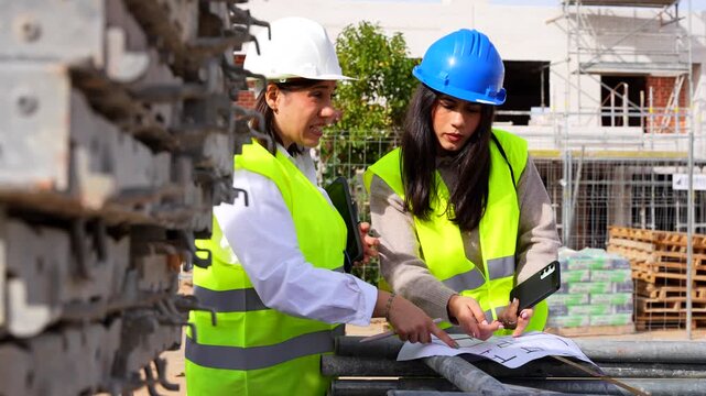 Two female construction professionals wearing hard hats are discussing a building project over blueprints