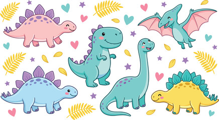 Cute Dinosaur Character Collection with T-Rex, Stegosaurus, and Pterodactyl for Children’s Birthday Invitations, Nursery Wall Decals, Kids' Apparel, and Prehistoric Themed Educational Graphics. © Ismail