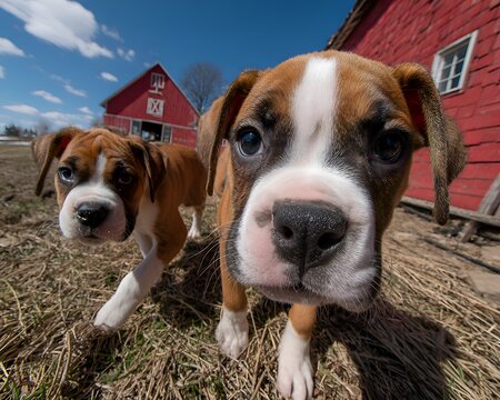 Two adorable boxer puppies curiously explore the farmyard with bright red barn and wispy clouds in the background on a sunny sp day.