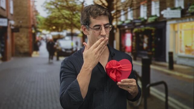 Man with glasses holding red heart gift, smiles while blowing a kiss and extending his hand toward camera on a cobbled street; romantic affection.