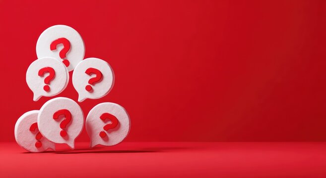 Cluster of speech bubbles with bright red question marks on a vibrant red background