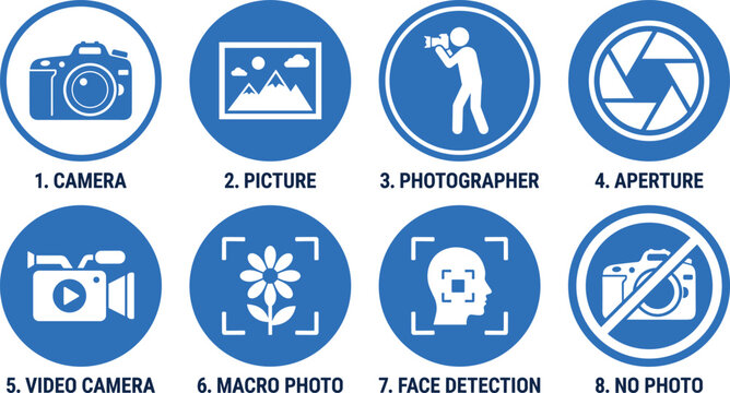 Photography and camera icons set featuring photographer aperture video record macro face detection and no photo.