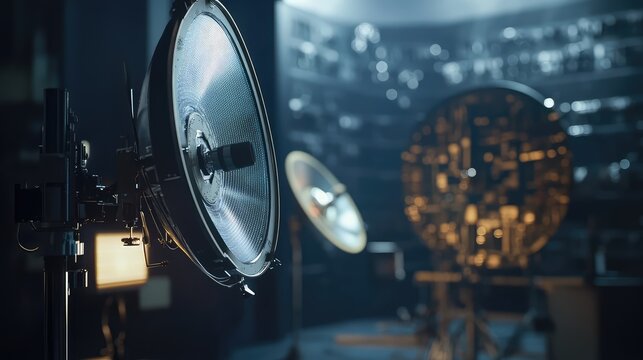 Professional studio lighting equipment stands ready for action in a modern film production environment, highlighting technology and advanced media systems