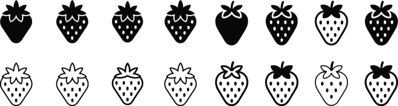 Set of strawberry fruit icons in solid black and outline styles for freshness summer healthy eating concepts strawberry illustration pictogram collection