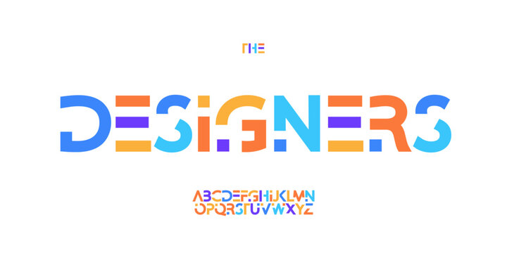 Designers Font Logo Color Alphabet Geometric Shape Letter Set Modern Typography, Creative Typographic Design for Digital Forum Title, Art Poster Headline, Innovate Startup Logotype. Vector Typeface