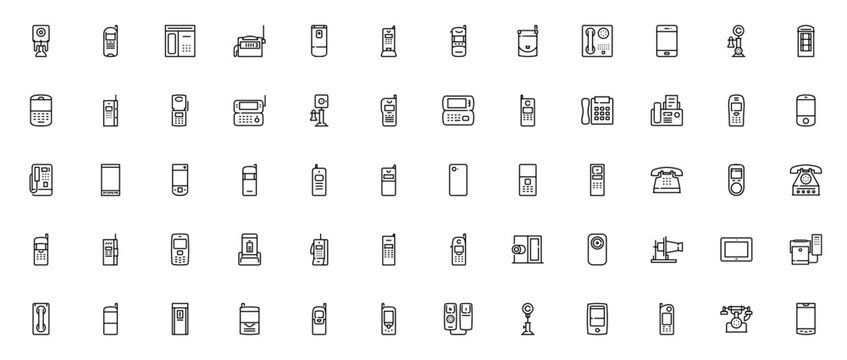 History of phones icon set. Vector pack featuring Butterstamp Phone, Cellphone, Telephone, Motorola, Samsung Galaxy, Dial Phone, Phonebooth, Blackberry, Nokia and more. Editable line icons.