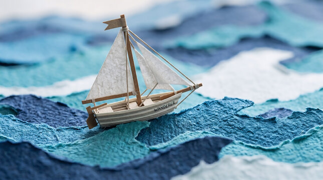 A small wooden sailboat model placed on a sea made of crumpled and layered blue textured paper.