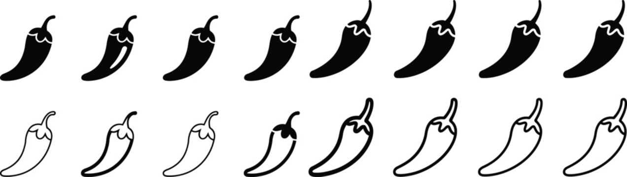 Collection of spicy chili pepper icons in black and outline styles representing heat food mexican cuisine with vegetable illustration capsicum jalapeno habanero