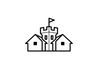Fototapeta premium Minimalist castle and houses line art icon on white background