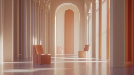 Naklejka premium Minimalist interior architecture features abstract peach chairs and elegant arches casting long shadows on a polished floor, creating a bright, surreal, and contemporary aesthetic