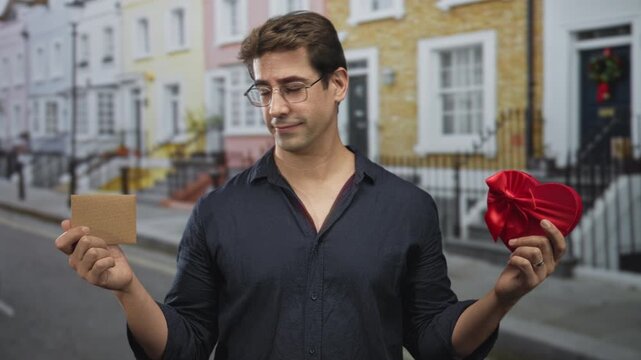 Man holding heart shaped gift box and small envelope with hands extended on a street; romance hesitation.