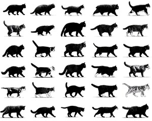 Fototapeta premium Collection of silhouette cats in various poses, isolated on white background, presenting diverse breeds and graceful feline movement styles.